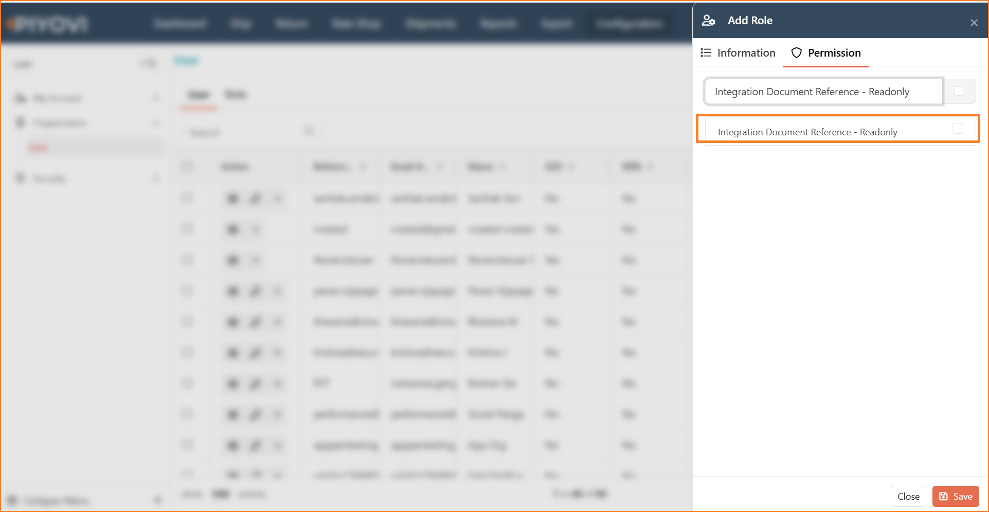 Add Role dialog on the Permission tab, filtered to the Integration Document Reference - Readonly permission